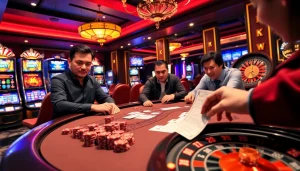 Experience the thrill of NK88 vip at an upscale poker game with vibrant casino elements.