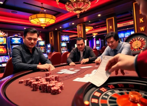 Experience the thrill of NK88 vip at an upscale poker game with vibrant casino elements.