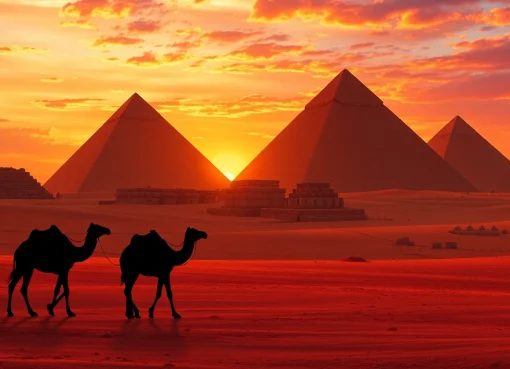 Illustration of piraminds at sunset with camels in the foreground and dramatic sky.
