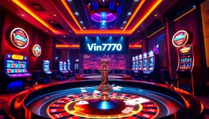 Engaging casino scene representing vin777.gb.net with modern gaming elements and vibrant colors.