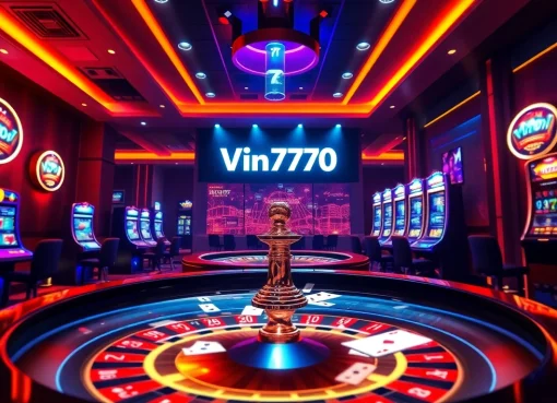 Engaging casino scene representing vin777.gb.net with modern gaming elements and vibrant colors.