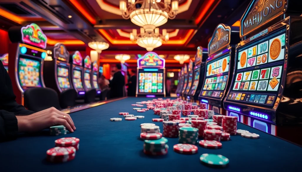 Explore the excitement of slot demo mahjong with a player engaging in a Mahjong-themed slot machine at a vibrant casino.