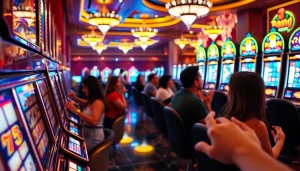 Players enjoying nổ hũ slot games in a glamorous casino setting, capturing the excitement of winning.