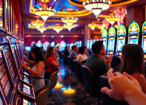 Players enjoying nổ hũ slot games in a glamorous casino setting, capturing the excitement of winning.