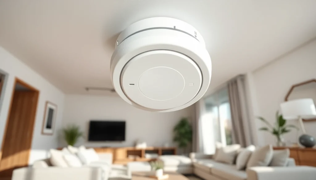Showcasing a smoke detector battery installed in a modern ceiling, emphasizing home safety.