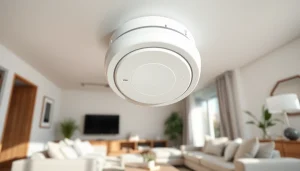 Showcasing a smoke detector battery installed in a modern ceiling, emphasizing home safety.