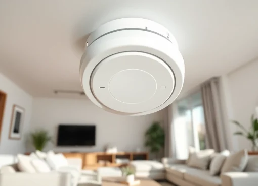 Showcasing a smoke detector battery installed in a modern ceiling, emphasizing home safety.
