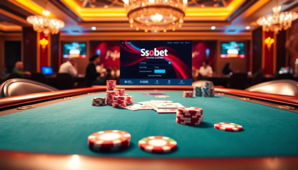 Engage in sbobet login at a luxurious casino table with vibrant cards and chips.