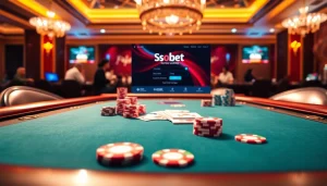 Engage in sbobet login at a luxurious casino table with vibrant cards and chips.