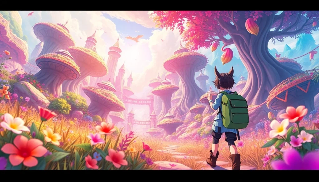 Engaging scene from a colorful hentai game featuring an anime character in a magical landscape.