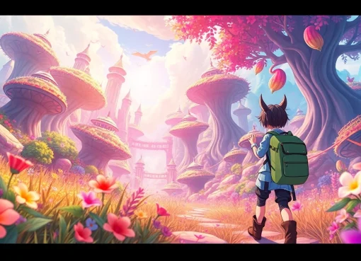 Engaging scene from a colorful hentai game featuring an anime character in a magical landscape.