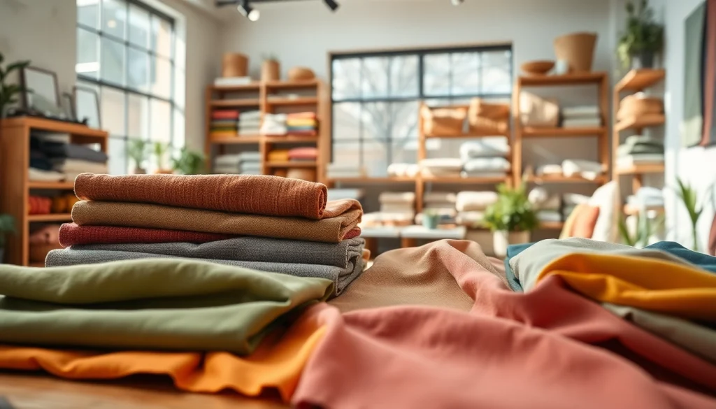 Duurzame stoffen assortiment met kleurrijke, ecologische textielen in een moderne studio.