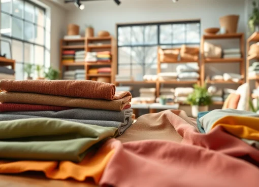 Duurzame stoffen assortiment met kleurrijke, ecologische textielen in een moderne studio.