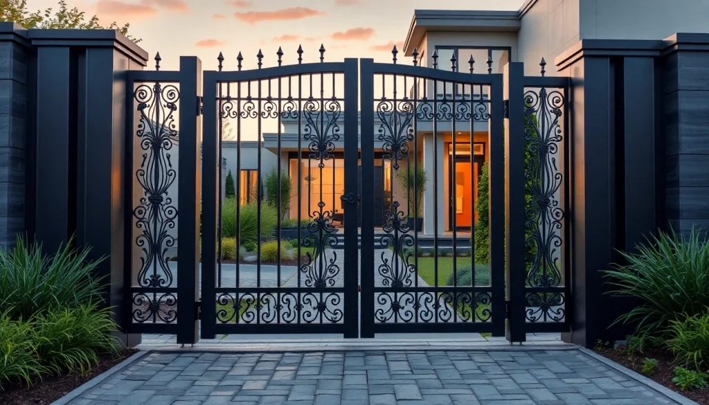 Admire the elegant features of custom steel gates enhancing a modern home entrance.
