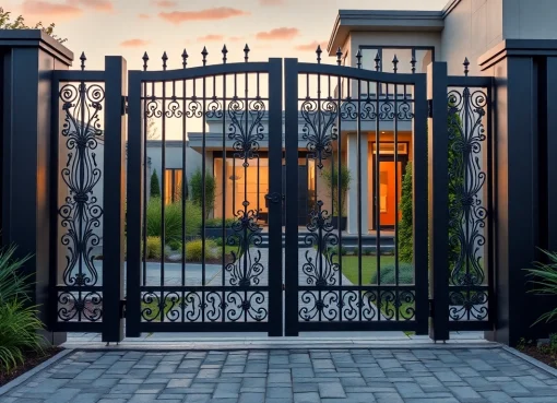 Admire the elegant features of custom steel gates enhancing a modern home entrance.