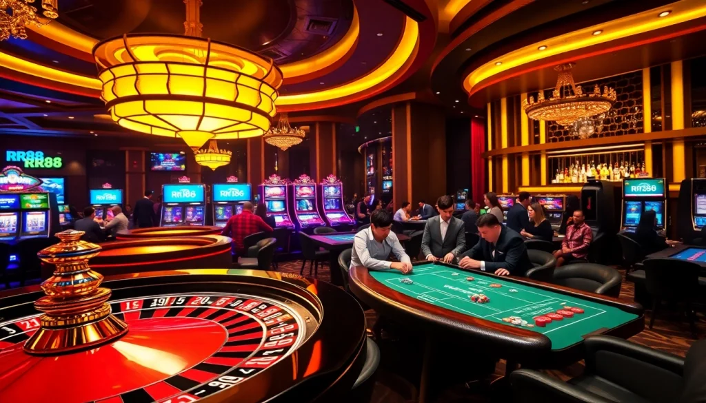 Experience the thrill of gaming at RR88 link with vibrant casino tables and excited players.