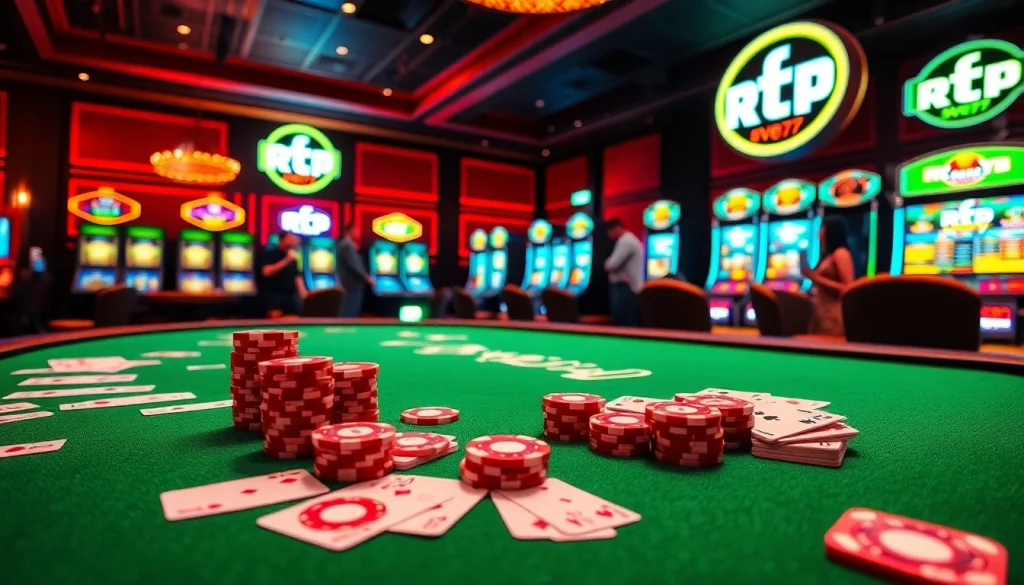 Excitement at a luxurious casino gaming table showcasing rtp seven77 with players celebrating big wins.