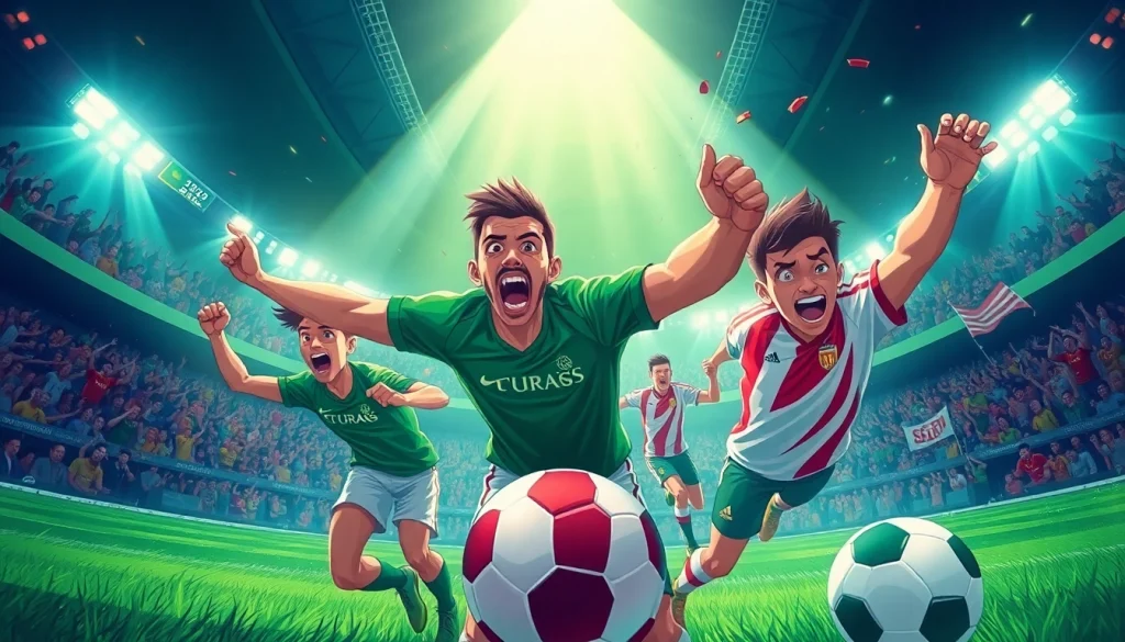 High-energy football match scene representing joemadfan.com, showcasing dynamic players and enthusiastic fans.