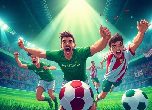 High-energy football match scene representing joemadfan.com, showcasing dynamic players and enthusiastic fans.