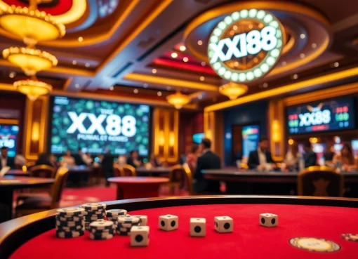 Experience thrilling gameplay at XX88 with vibrant casino visuals including poker chips and roulette tables.