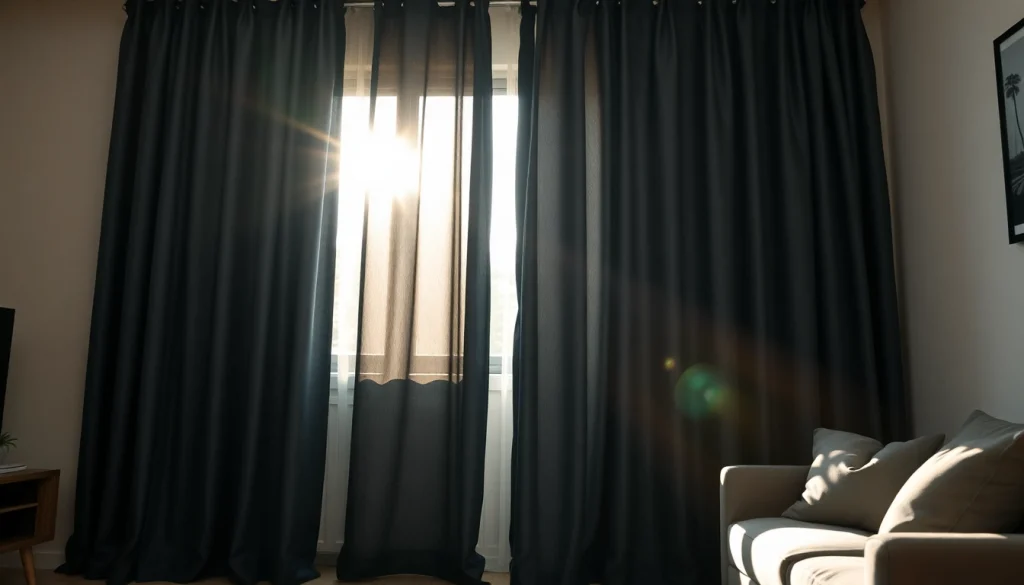 Bekijk verduisterende gordijnen die stijlvol zijn opgesteld in een moderne woonkamer.