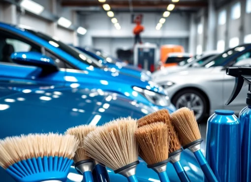 Experience thorough car detailing near me with expert tools and polished vehicles in a vibrant setting.
