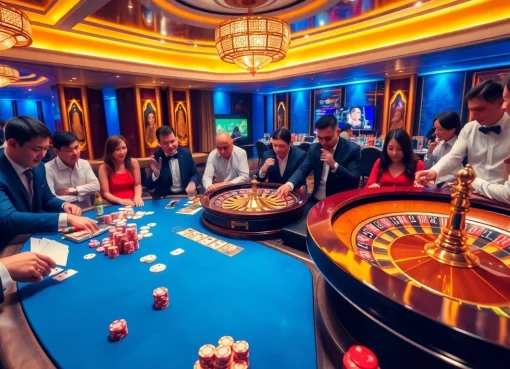 sbobet players placing bets at a glamorous poker table in a luxury casino