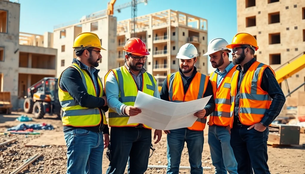 Local contractors from the southern california contractors association review project plans at a construction site.