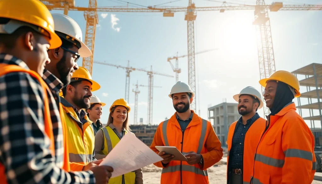 Construction advocacy Carolinas promoted through collaborative construction workers on-site discussing plans.