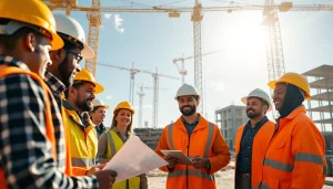 Construction advocacy Carolinas promoted through collaborative construction workers on-site discussing plans.