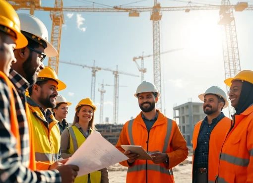Construction advocacy Carolinas promoted through collaborative construction workers on-site discussing plans.