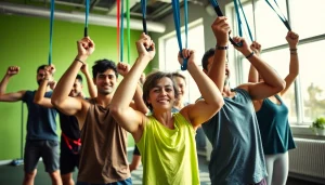 Resistance bands for pull-ups used by diverse athletes in a bright gym setting.