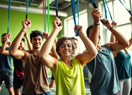 Resistance bands for pull-ups used by diverse athletes in a bright gym setting.