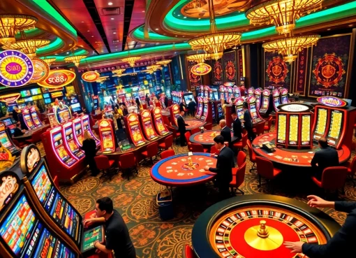 Exciting scene of casino gamblers at sc88-themed tables featuring vibrant lights and engaging gameplay.