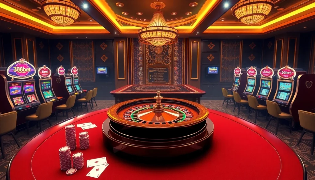 Engaging casino scene showcasing 388bet with roulette wheel, poker chips, and online betting screens.