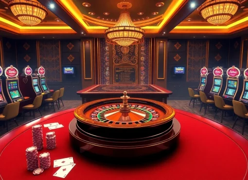 Engaging casino scene showcasing 388bet with roulette wheel, poker chips, and online betting screens.