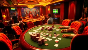 Engaged players at a luxurious poker table in an MM 88 casino setting, showcasing excitement and glamour.
