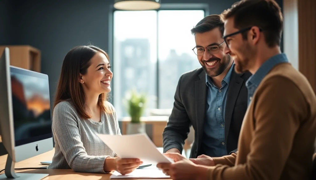 No hassle warranty claims in a warm, inviting office environment showing customer service engagement.