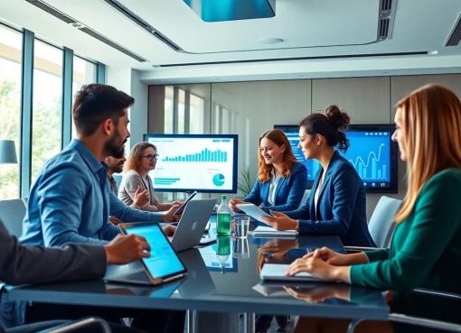 专业协作场景，展现 wps官网 的创新办公解决方案，包含多元背景人物、数字设备与充满活力的工作空间。