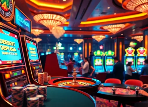 Rasakan pengalaman slot deposit pulsa tanpa potongan dalam suasana kasino yang seru dengan mesin slot yang berwarna-warni.