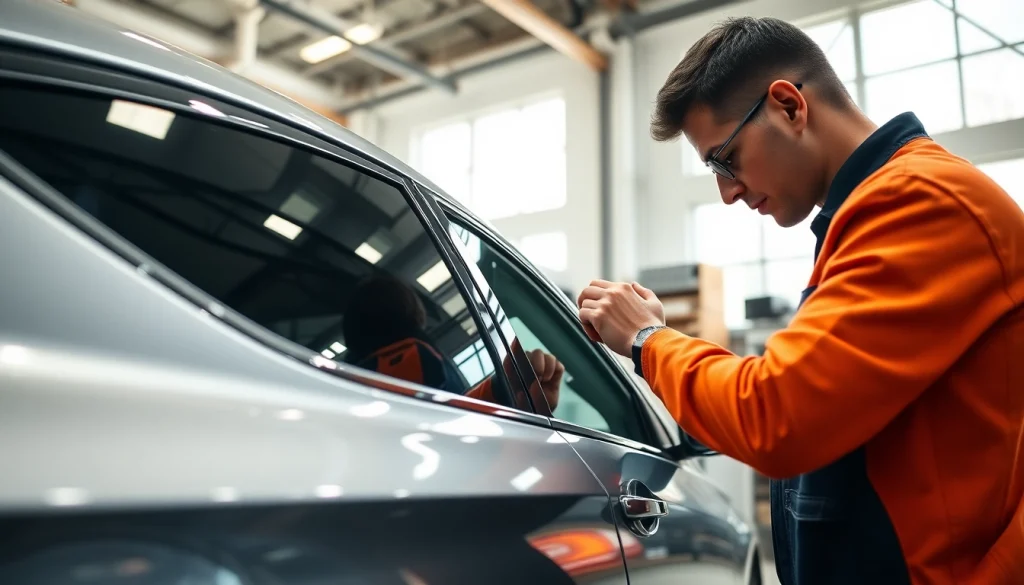 Apply auto window tint near me efficiently with expert technician in a modern workshop