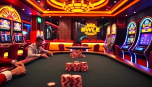 Experience the excitement of onicplay with a vibrant casino scene featuring poker tables and modern slot machines.