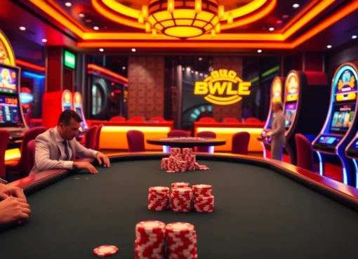 Experience the excitement of onicplay with a vibrant casino scene featuring poker tables and modern slot machines.