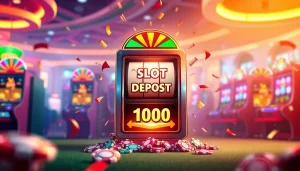 Menang slot deposit 1000 di kasino digital dengan mesin slot dan chip permainan berwarna-warni.