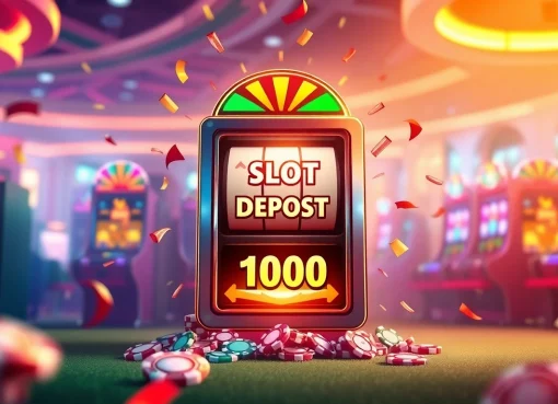 Menang slot deposit 1000 di kasino digital dengan mesin slot dan chip permainan berwarna-warni.