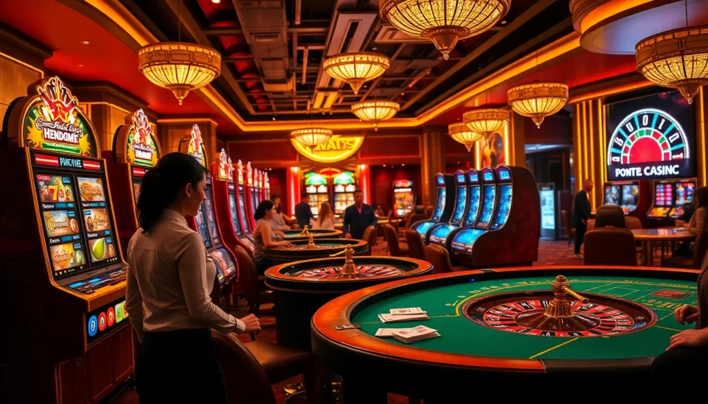 Experience the excitement of 555win with vibrant casino tables and games in this captivating scene.