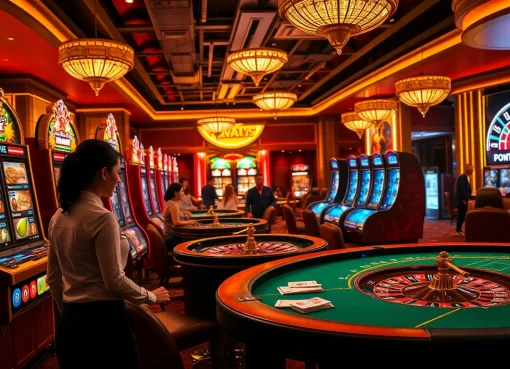 Experience the excitement of 555win with vibrant casino tables and games in this captivating scene.