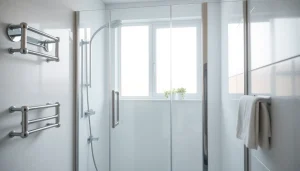 Elegant shower screen door reflecting natural light in a modern bathroom, showcasing sleek design.