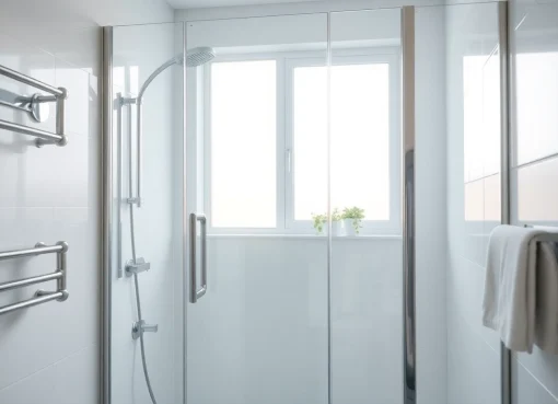 Elegant shower screen door reflecting natural light in a modern bathroom, showcasing sleek design.