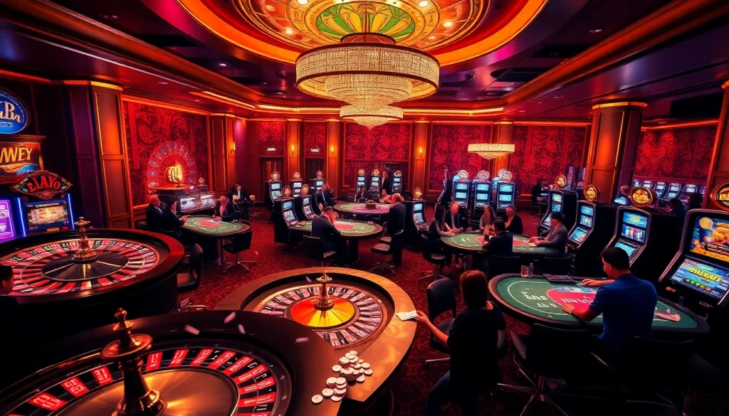 Players enjoying thrilling games at hay.win casino with roulette and poker tables.